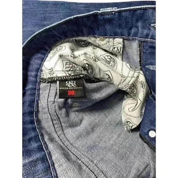 Rock and Republic Taylor Button Fly Jeans 38x28 Bootcut Blue Embroidered Wings - Picture 10 of 12